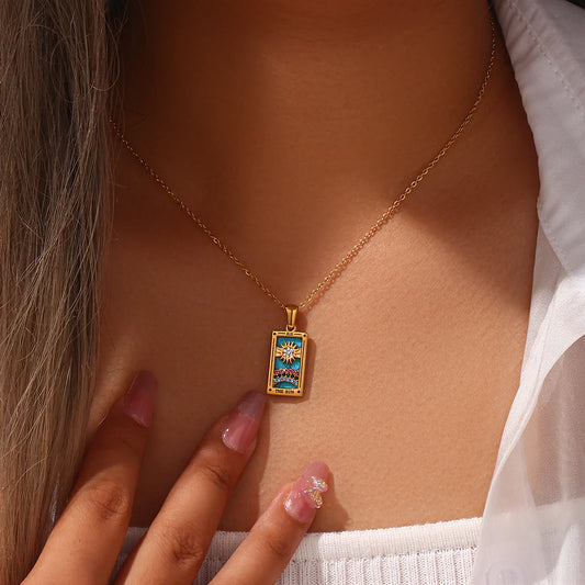 The Sun Tarot Card Necklace - 18k Gold Blue Enamel Pendant