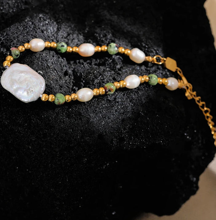 Green Jasper and Natural Pearl Bracelet – Stainless Steel Adjustable Chain