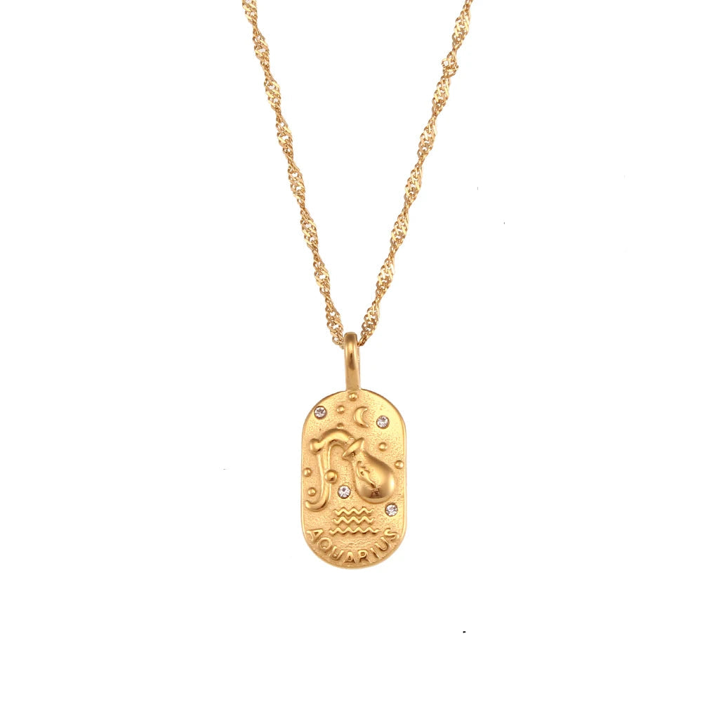 18K Gold Zodiac Pendant Necklace with Crystals