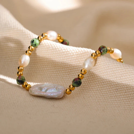Green Jasper and Natural Pearl Bracelet – Stainless Steel Adjustable Chain