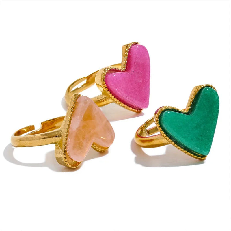 Heart Gemstone Adjustable Ring – 18K Gold-Plated Statement Jewellery