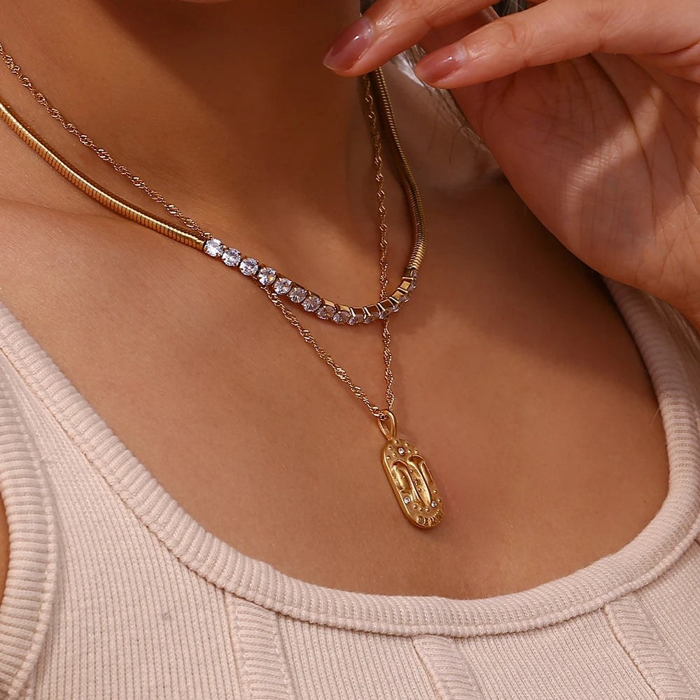 18K Gold Zodiac Pendant Necklace with Crystals