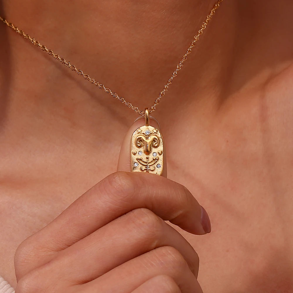 18K Gold Zodiac Pendant Necklace with Crystals
