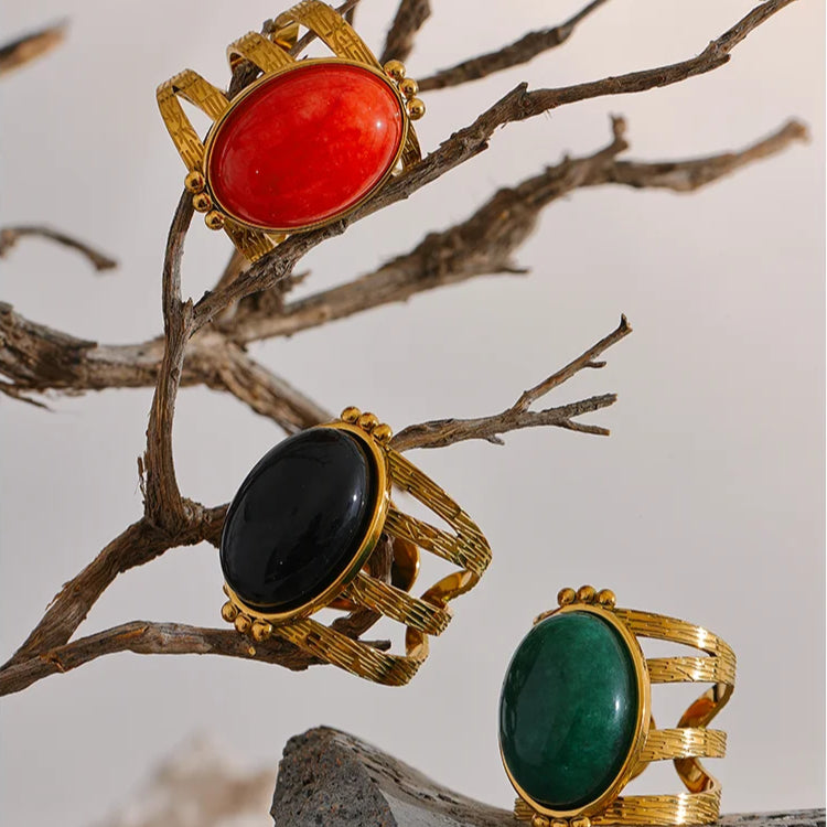 18K Gold-Plated Gemstone Statement Ring – Red Jasper, Green Aventurine, Black Onyx