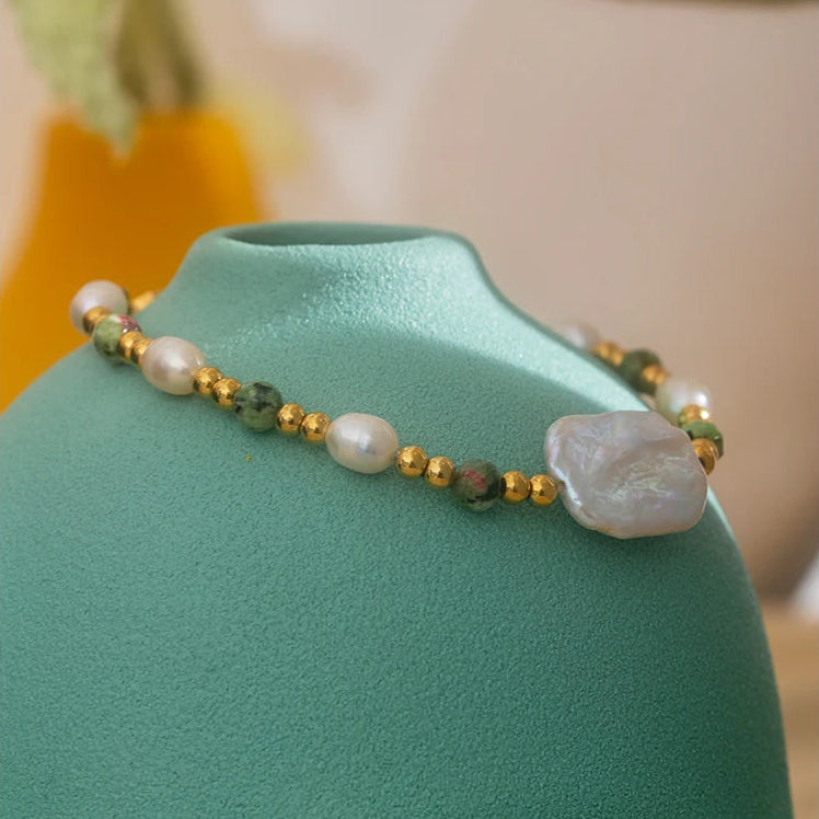 Green Jasper and Natural Pearl Bracelet – Stainless Steel Adjustable Chain
