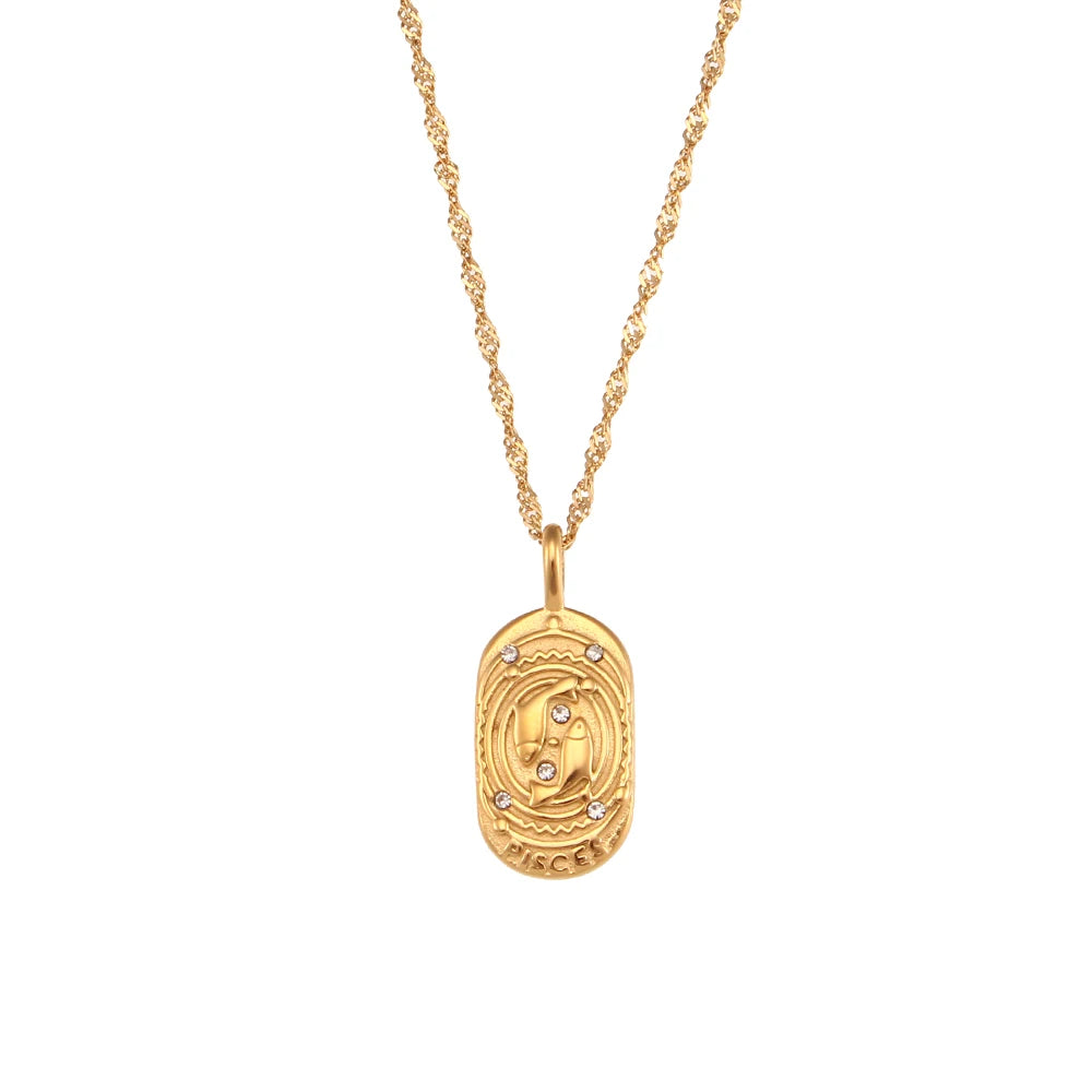 18K Gold Zodiac Pendant Necklace with Crystals