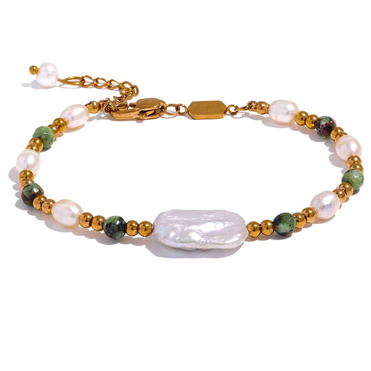 Green Jasper and Natural Pearl Bracelet – Stainless Steel Adjustable Chain