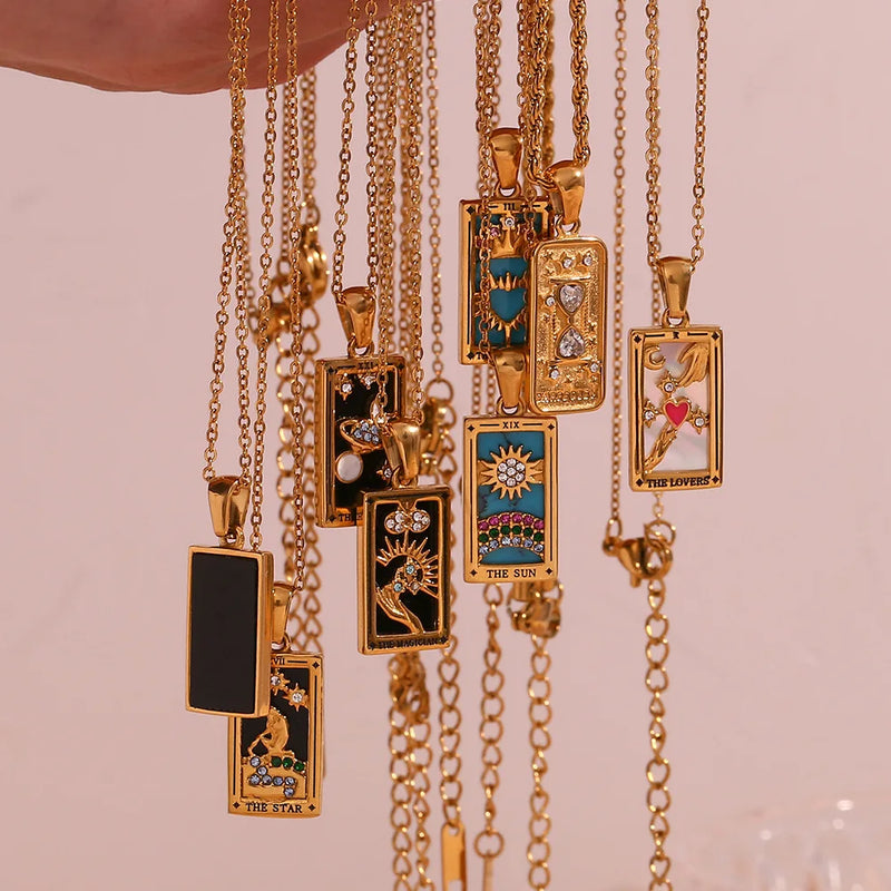 The Empress Tarot Card Necklace - 18k Gold Blue Enamel