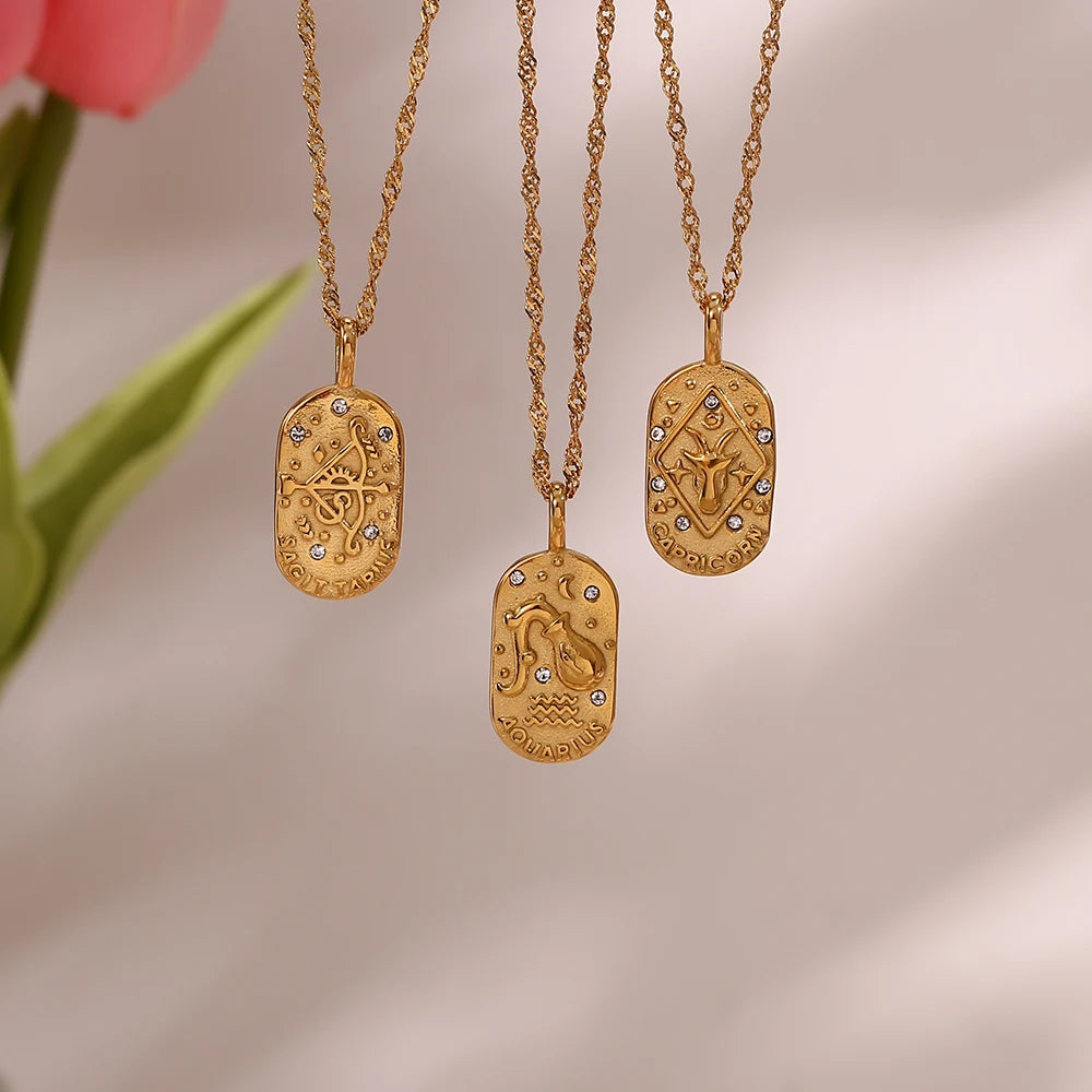 18K Gold Zodiac Pendant Necklace with Crystals