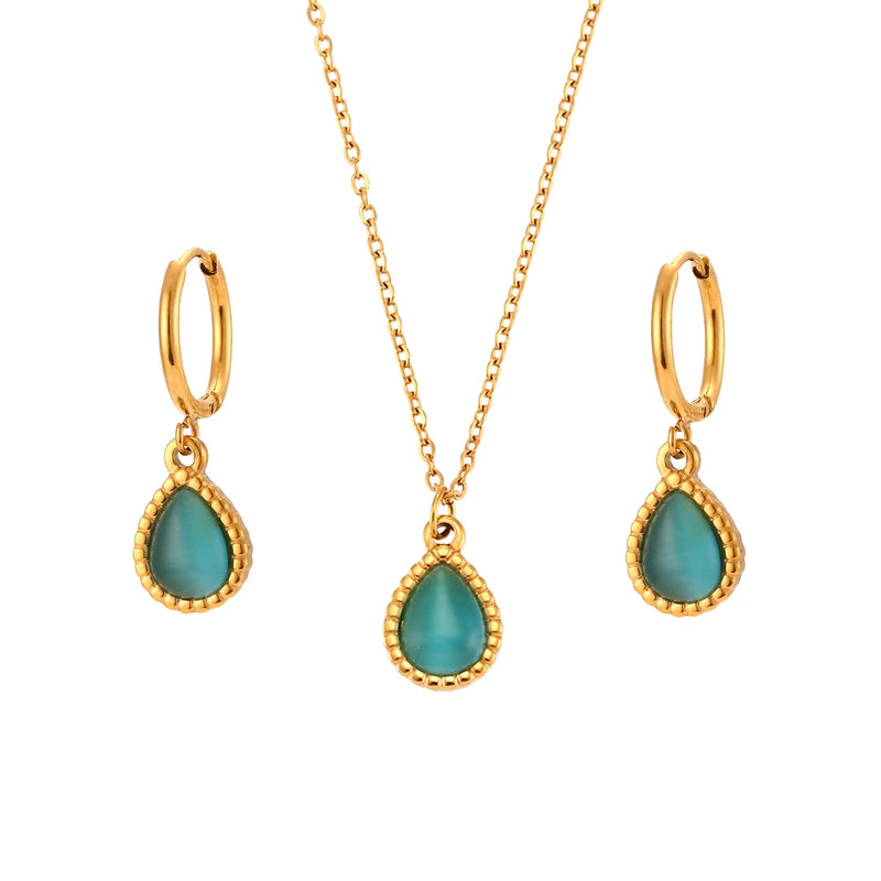 Serene Elixir - Dainty Blue Chalcedony 18K Gold Necklace and Earrings Set