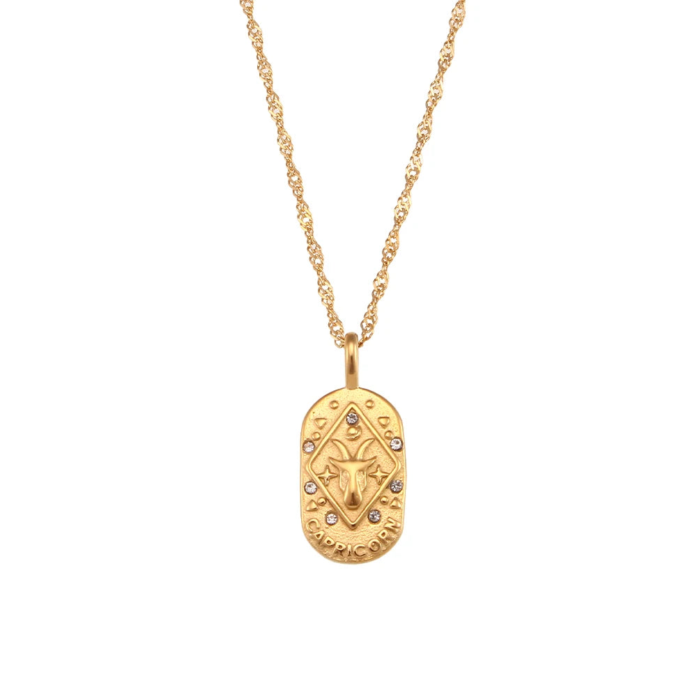 18K Gold Zodiac Pendant Necklace with Crystals