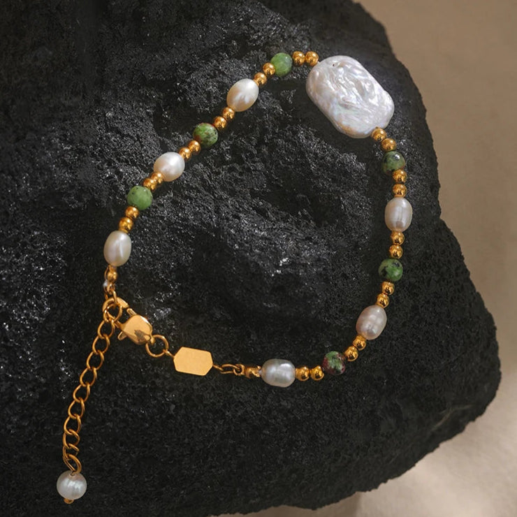 Green Jasper and Natural Pearl Bracelet – Stainless Steel Adjustable Chain