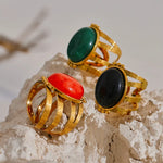 18K Gold-Plated Gemstone Statement Ring – Red Jasper, Green Aventurine, Black Onyx