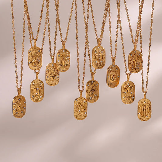 18K Gold Zodiac Pendant Necklace with Crystals