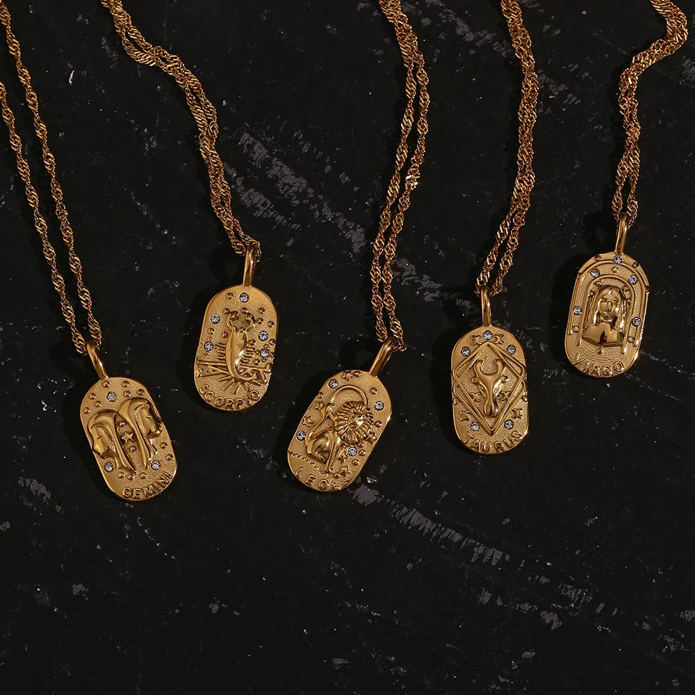 18K Gold Zodiac Pendant Necklace with Crystals