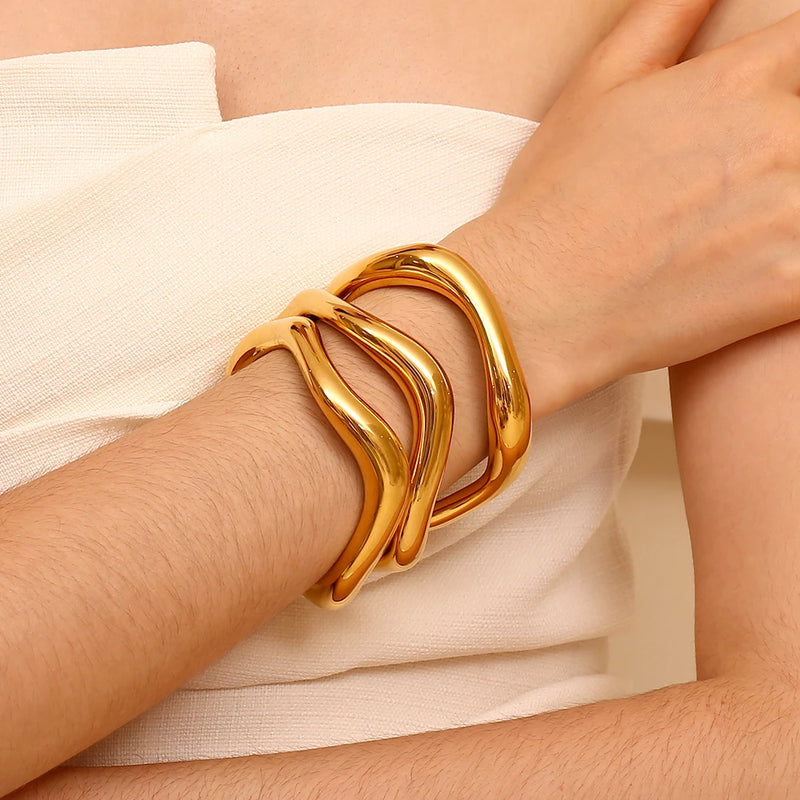 Wave Cuff Bracelet – 18K Gold-Plated & Silver Stainless Steel, Tarnish-Free, Hypoallergenic