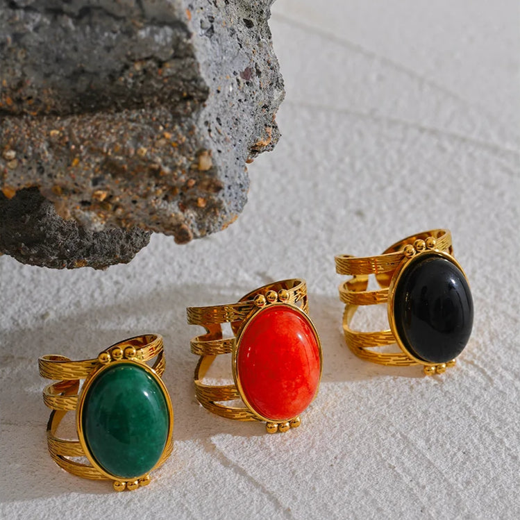 18K Gold-Plated Gemstone Statement Ring – Red Jasper, Green Aventurine, Black Onyx