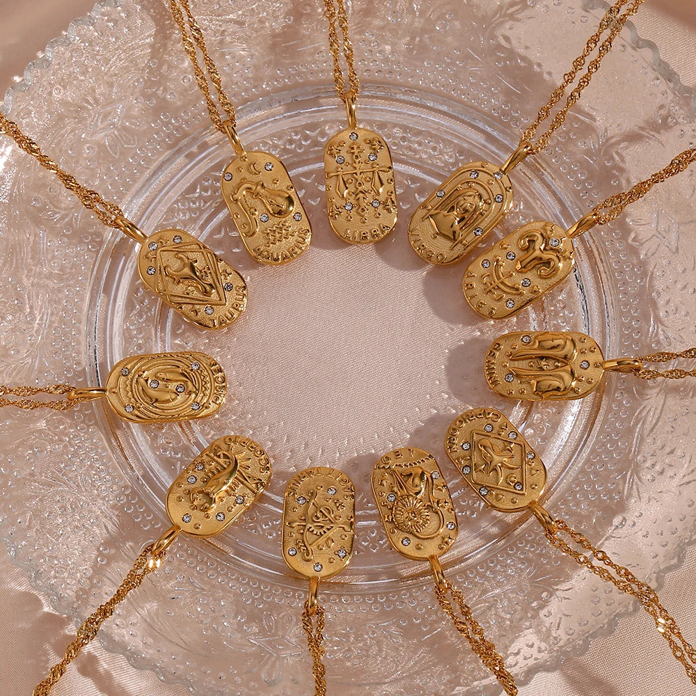 18K Gold Zodiac Pendant Necklace with Crystals