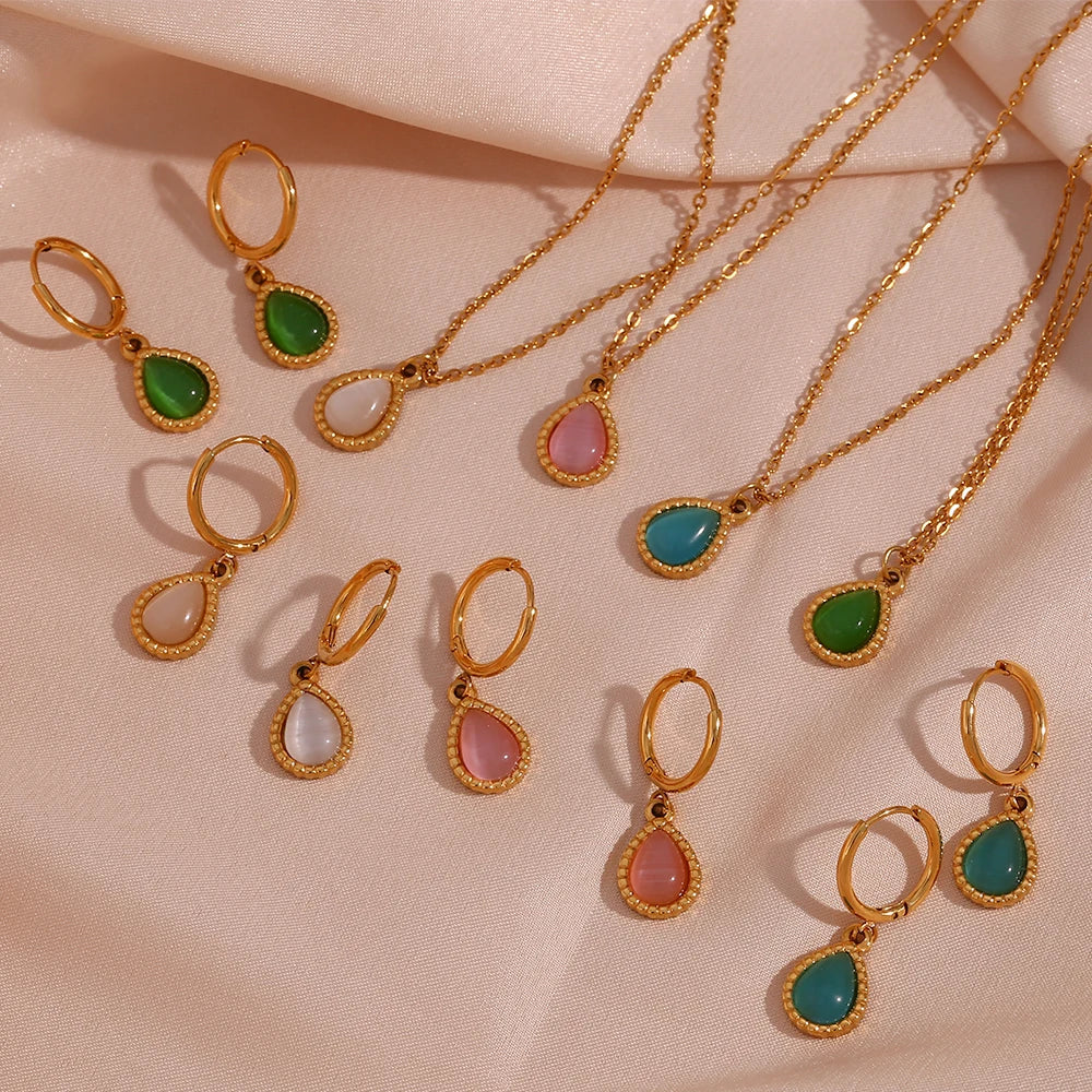 Serene Elixir - Dainty Blue Chalcedony 18K Gold Necklace and Earrings Set