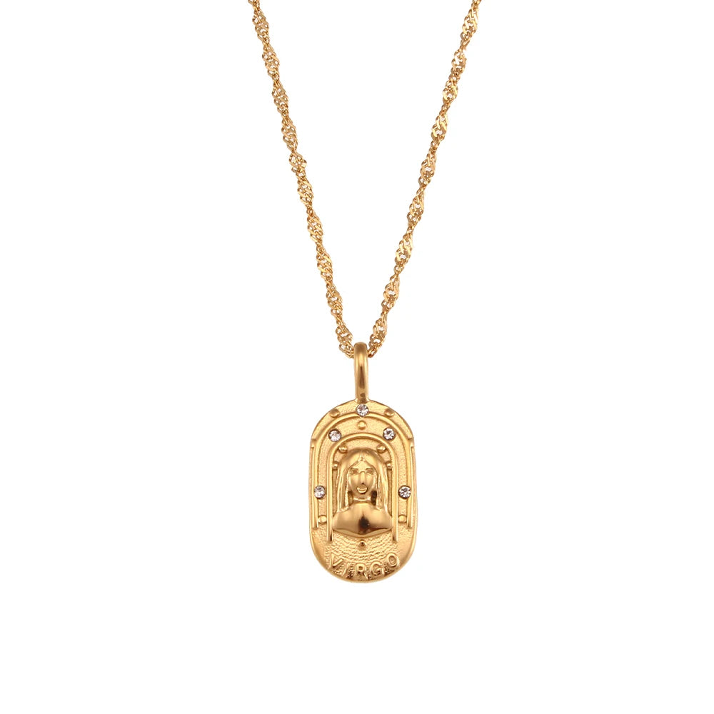 18K Gold Zodiac Pendant Necklace with Crystals