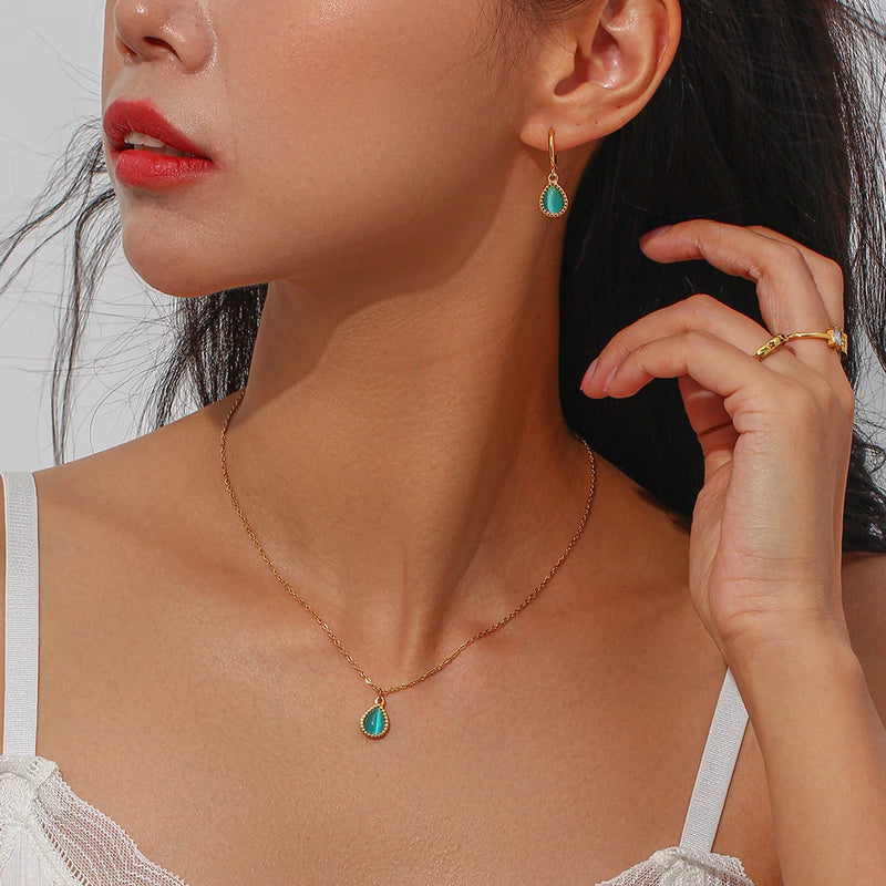 Serene Elixir - Dainty Blue Chalcedony 18K Gold Necklace and Earrings Set