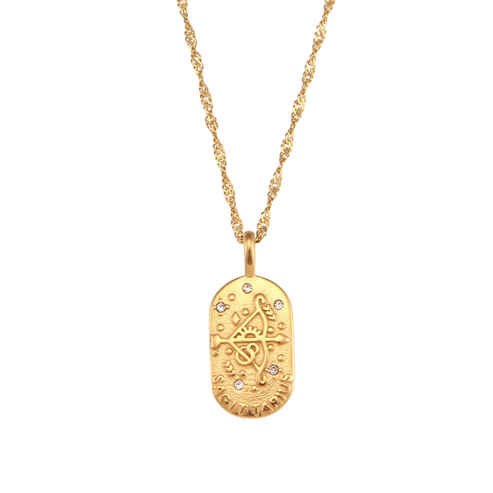 18K Gold Zodiac Pendant Necklace with Crystals