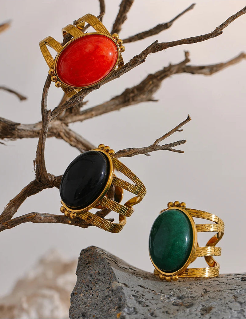 18K Gold-Plated Gemstone Statement Ring – Red Jasper, Green Aventurine, Black Onyx