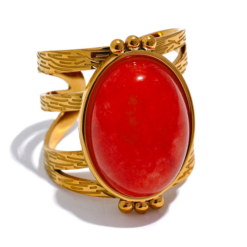 18K Gold-Plated Gemstone Statement Ring – Red Jasper, Green Aventurine, Black Onyx