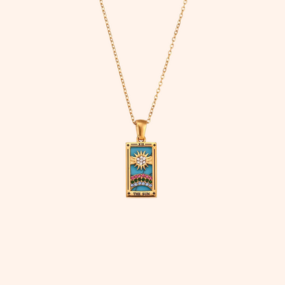 The Sun Tarot Card Necklace - 18k Gold Blue Enamel Pendant