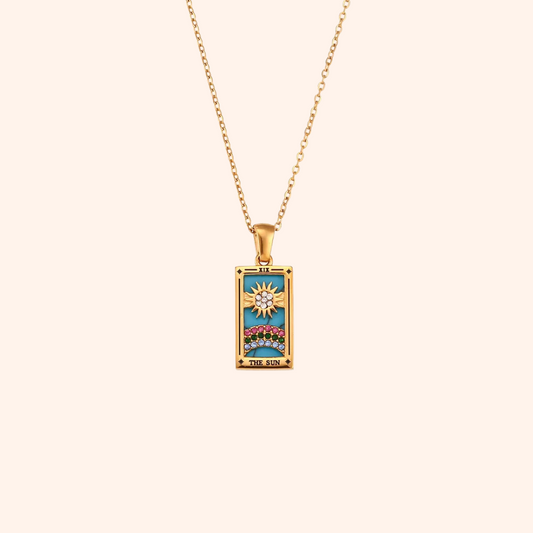 The Sun Tarot Card Necklace - 18k Gold Blue Enamel Pendant