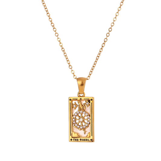 The Wheel Tarot Card Necklace - 18k Gold Card Pendant