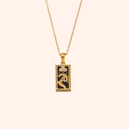 The Magician Tarot Card Necklace - Black Enamel Gold Pendant