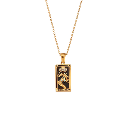 The Magician Tarot Card Necklace - Black Enamel Gold Pendant