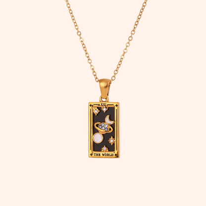 The World Tarot Card Necklace - 18k Gold with Black Enamel