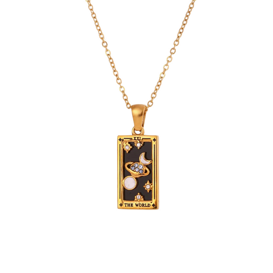 The World Tarot Card Necklace - 18k Gold with Black Enamel