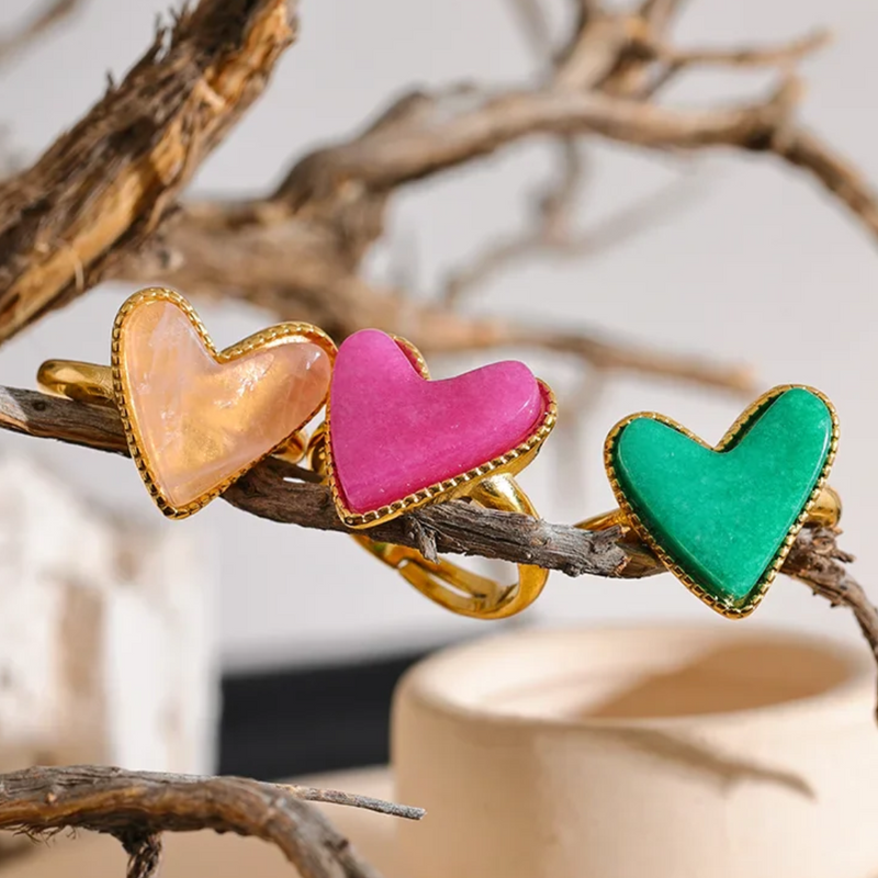 Heart Gemstone Adjustable Ring – 18K Gold-Plated Statement Jewellery