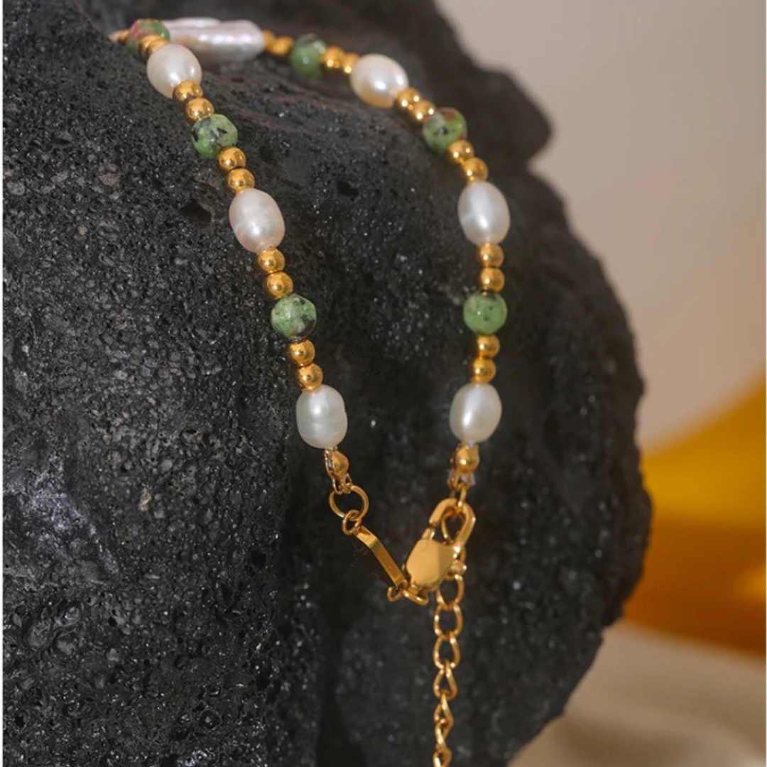 Green Jasper and Natural Pearl Bracelet – Stainless Steel Adjustable Chain