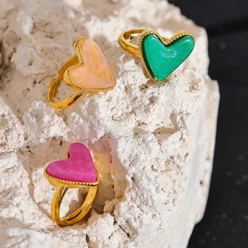 Heart Gemstone Adjustable Ring – 18K Gold-Plated Statement Jewellery